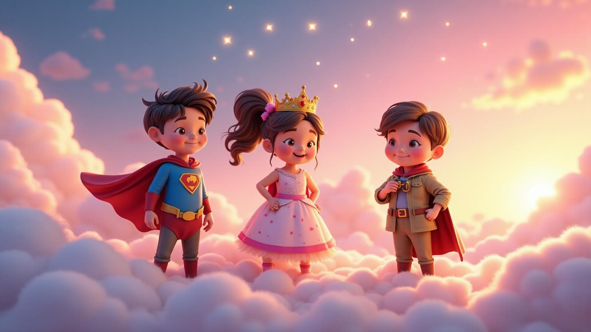 Children as storybook heroes on clouds